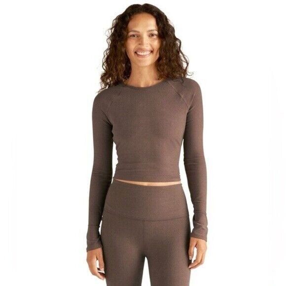 Beyond Yoga Enlighten Cropped Pullover Size XS Truffle Heather Open Back SD7880 - Picture 2 of 2